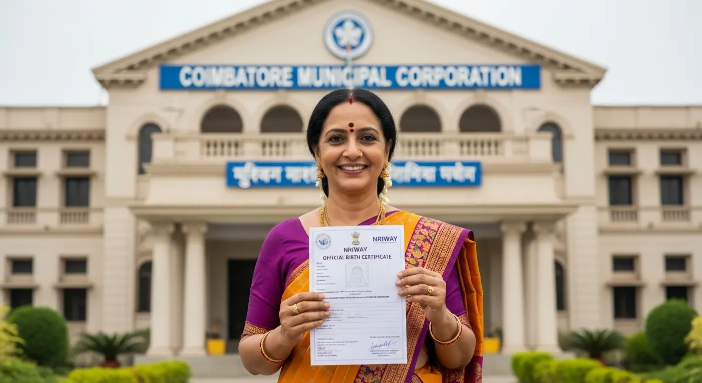 Woman in saree holding NRIWAY birth certificate in front of Coimbatore Municipal Corporation building.