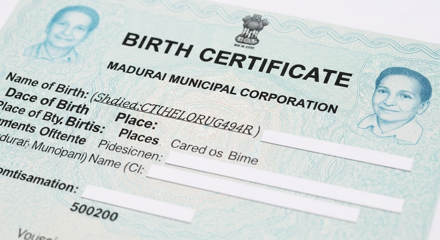 Madurai Municipal Corporation birth certificate close-up showing official design and sample text.