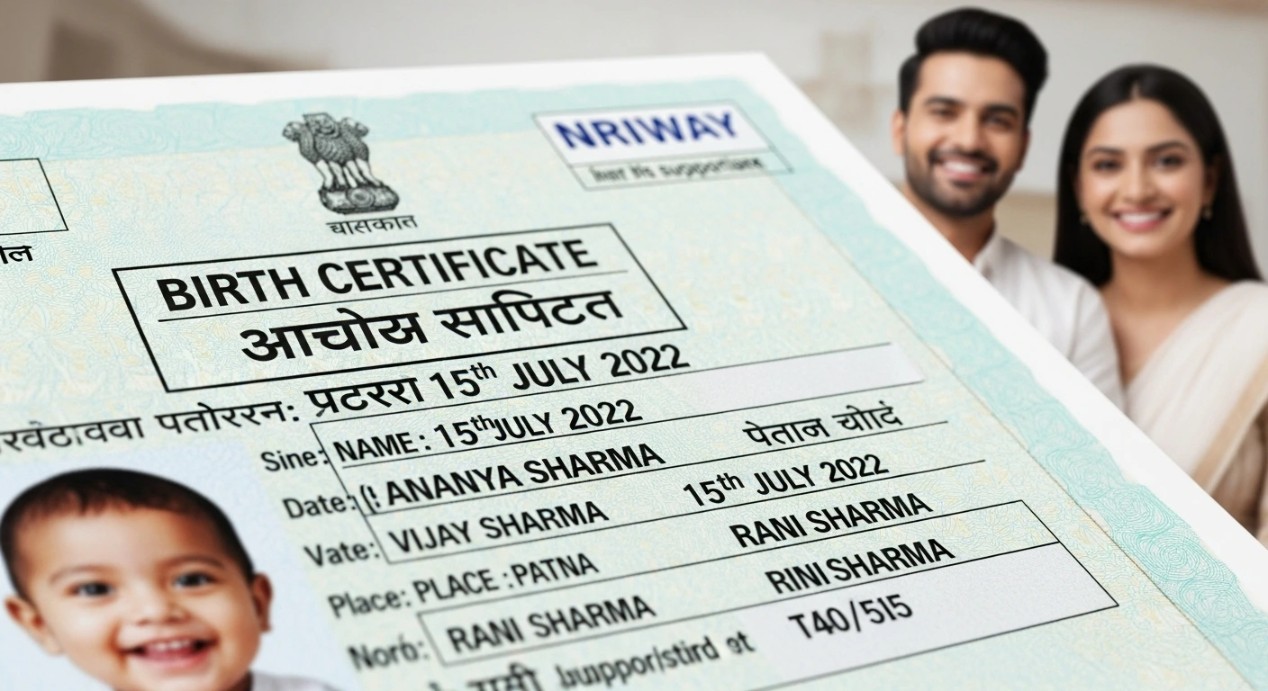 Birth certificate with baby photo and NRIWAY logo, showing details of Ananya Sharma's birth, with smiling parents in the background.
