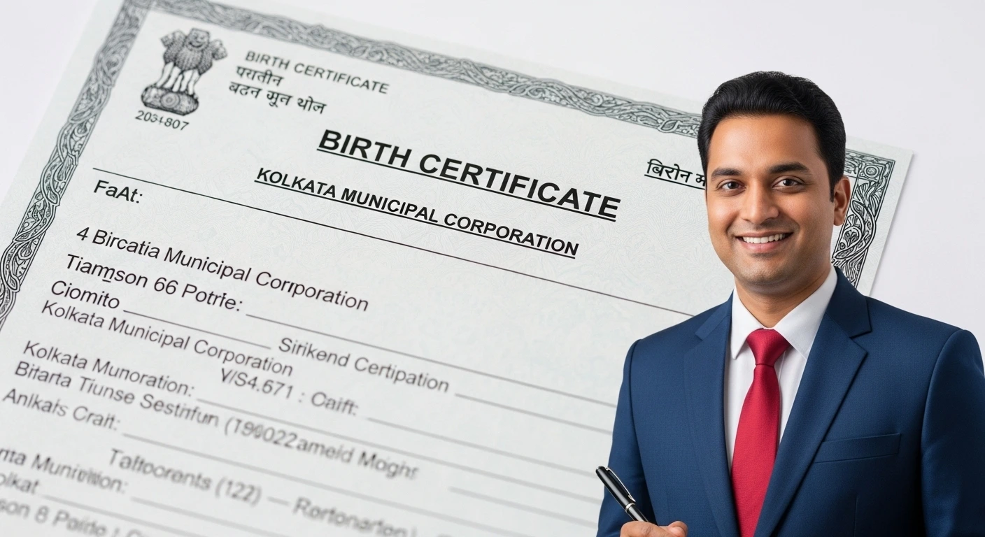 Smiling man in a suit next to a Kolkata birth certificate, showcasing professional birth certificate services by NRIWAY.